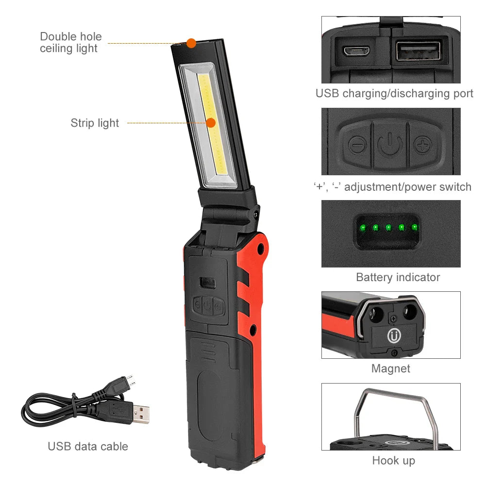 Dimmable COB LED Work Light USB Rechargeable Folding Flashlight Inspection Lamp Magnet & Hook Power Bank Lantern for Car Repair