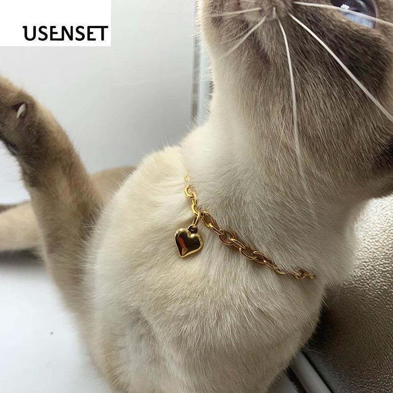 Gold Heart Charm Necklace for Pet Cat Dog Stainless Steel Jewelry  ourlum.com   