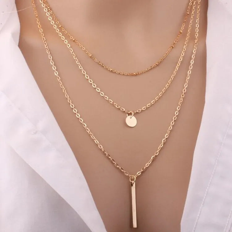 European And American Fashion Jewelry New Copper Bead Chain Sequin Metal Strip Necklace Multi-layer Round 1 Word Long Necklace