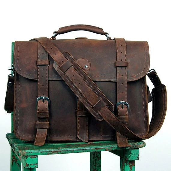 Classic Vintage Crazy Horse Leather Briefcase for Men - Spacious 15.6" Laptop Shoulder Bag