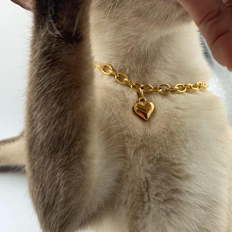 Gold Heart Charm Necklace for Pet Cat Dog Stainless Steel Jewelry  ourlum.com   