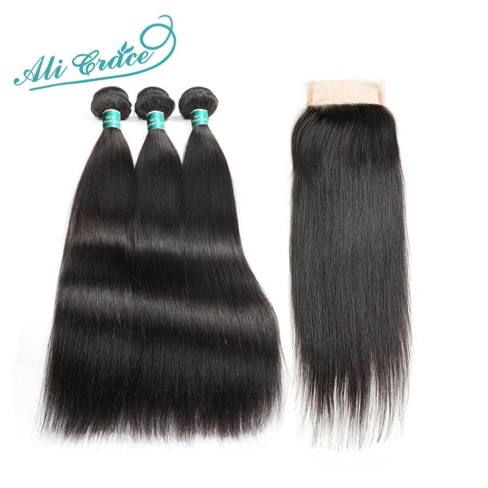 Premium Indian Straight Hair Bundle Set with Lace Closure - Luxe Remy Human Hair Collection  ourlum.com Natural Color 22 22 24 & Closure18 Free Part