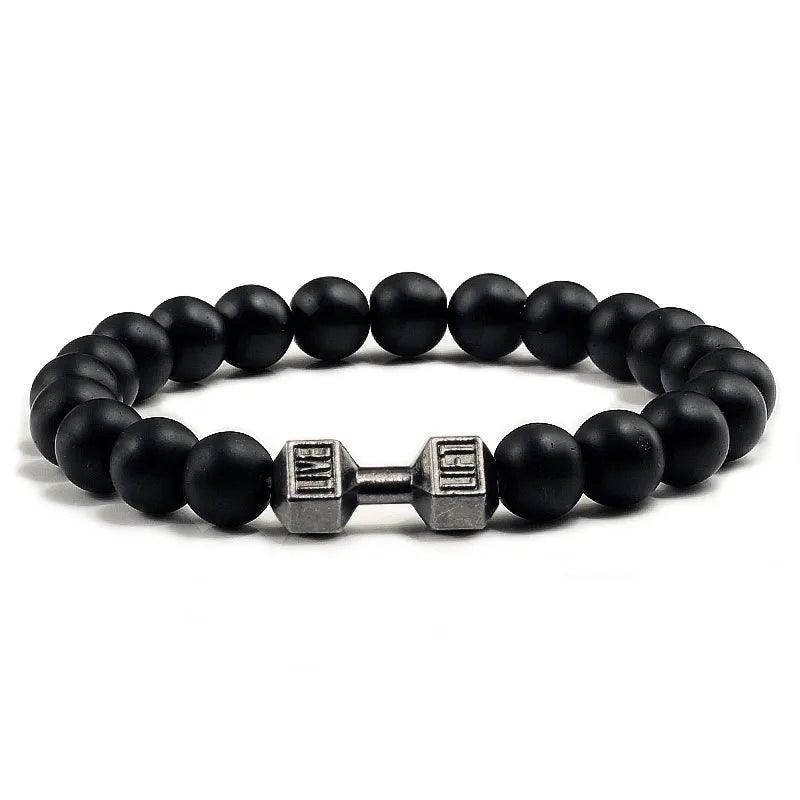 Fitness Charm Bracelet Set - Natural Volcanic Stone Beads with Matte Black and White Dumbbell Barbell Strands  ourlum.com   