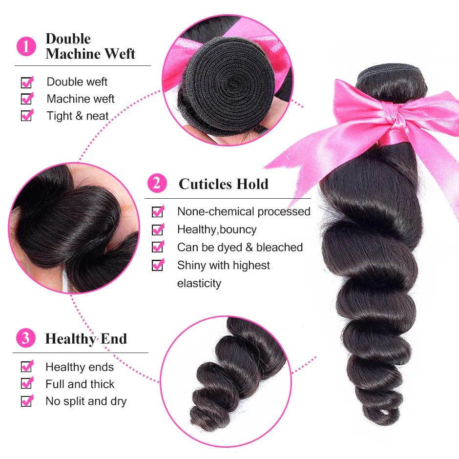 Brazilian Loose Wave Remy Hair Trio: Natural Color Weave Bundle