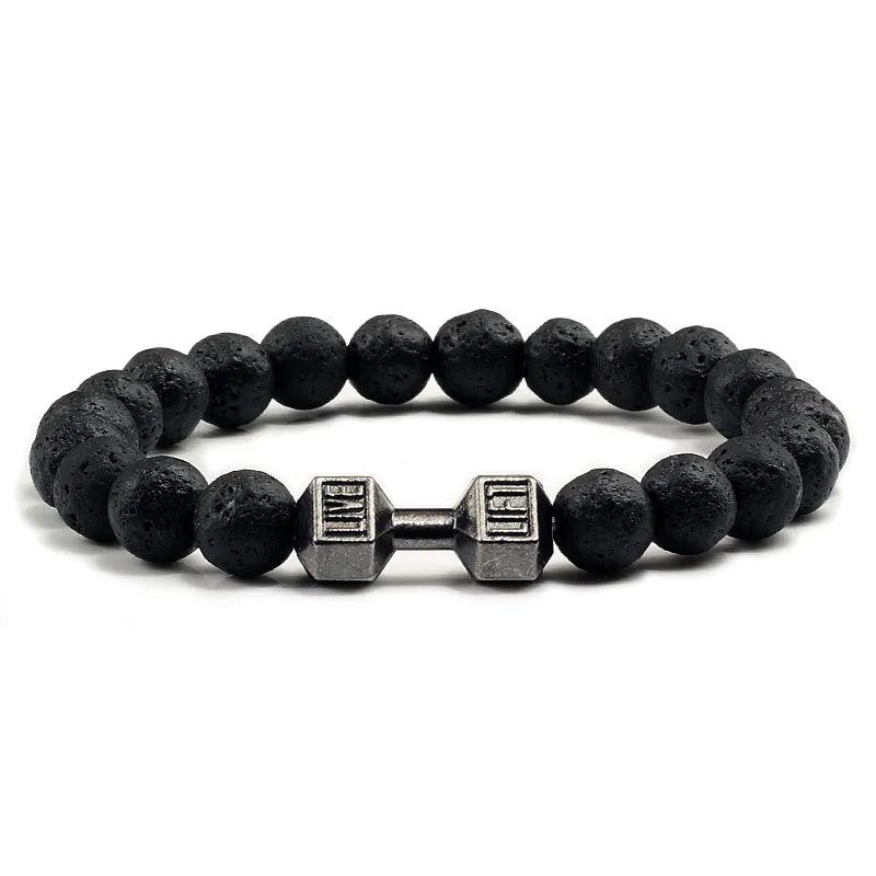 Fitness Charm Bracelet Set - Natural Volcanic Stone Beads with Matte Black and White Dumbbell Barbell Strands  ourlum.com   