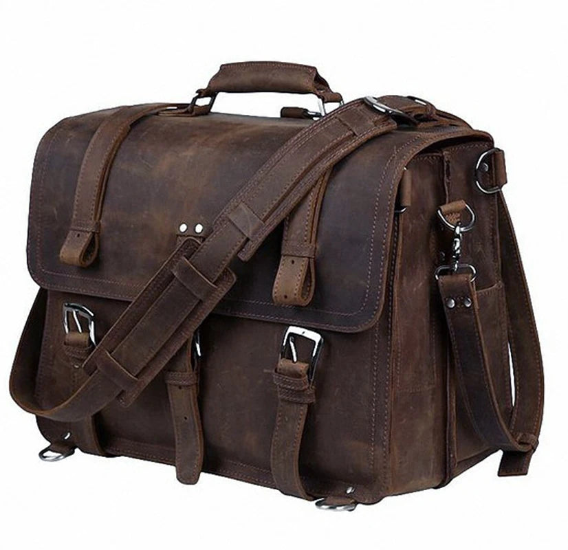 Classic Vintage Crazy Horse Leather Briefcase for Men - Spacious 15.6" Laptop Shoulder Bag