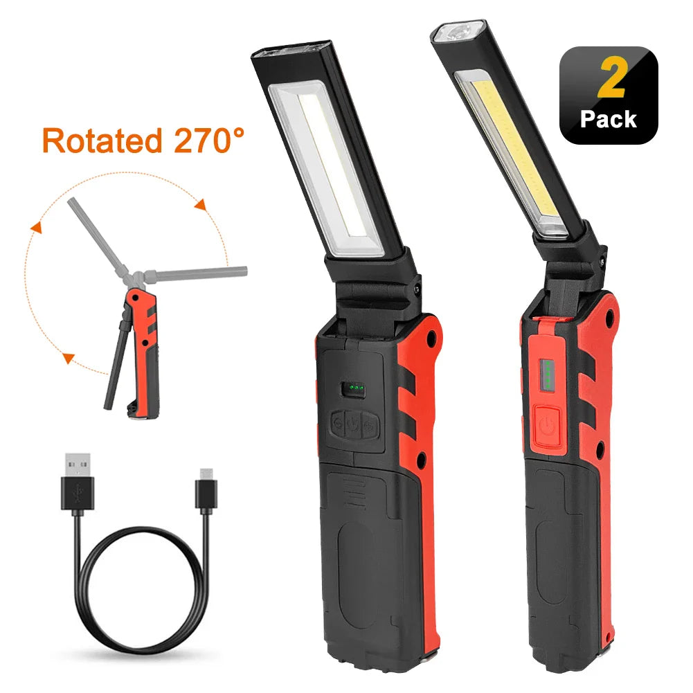 Dimmable COB LED Work Light USB Rechargeable Folding Flashlight Inspection Lamp Magnet & Hook Power Bank Lantern for Car Repair