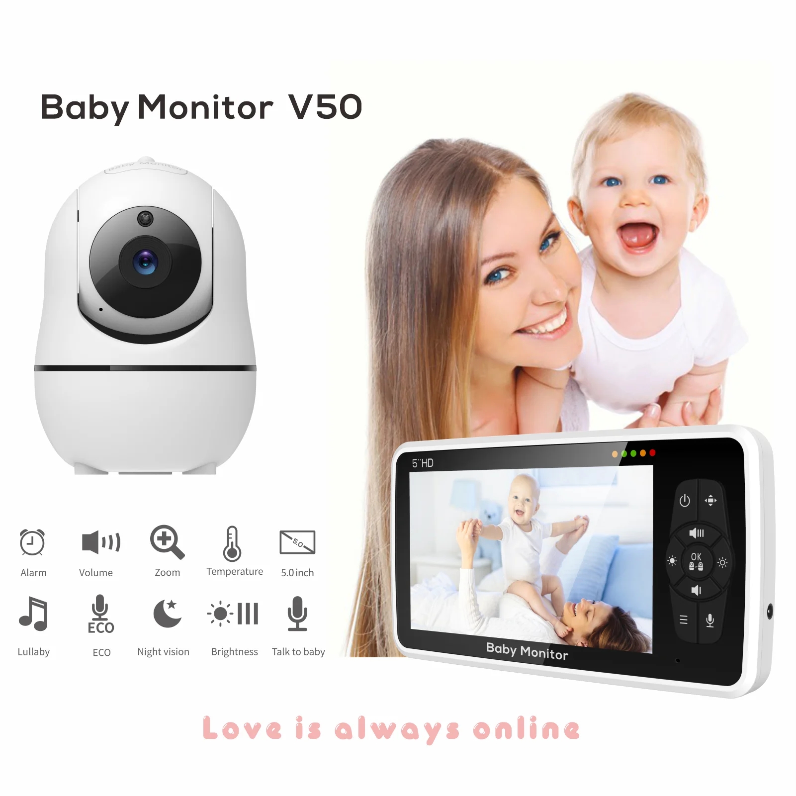 5 inch Video Baby Monitor with Two Camera and Audio, Night Vision, 4X Zoom, 1000ft Range 2-Way Audio Temperature Sensor Lullaby