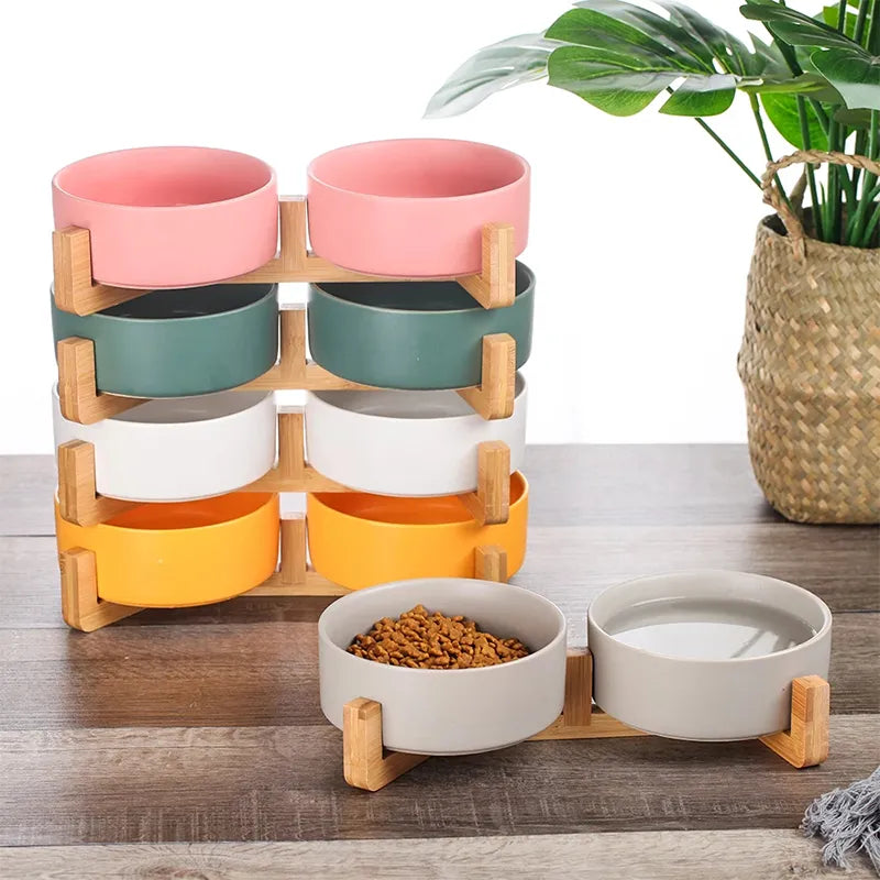 Ceramic Pet Bowl with Wooden Stand - Non Spill Double Feeder for Cats and Small Dogs  ourlum.com   