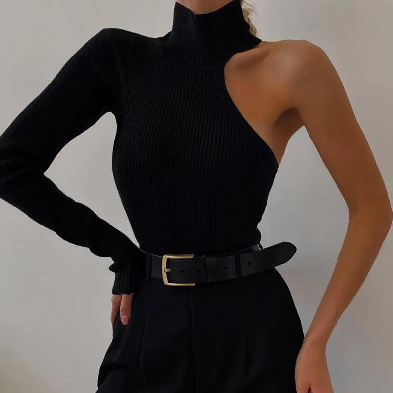 Elegant One-Shoulder Turtleneck Knitted Bodysuit for Fashion-Forward Women  ourlum.com   