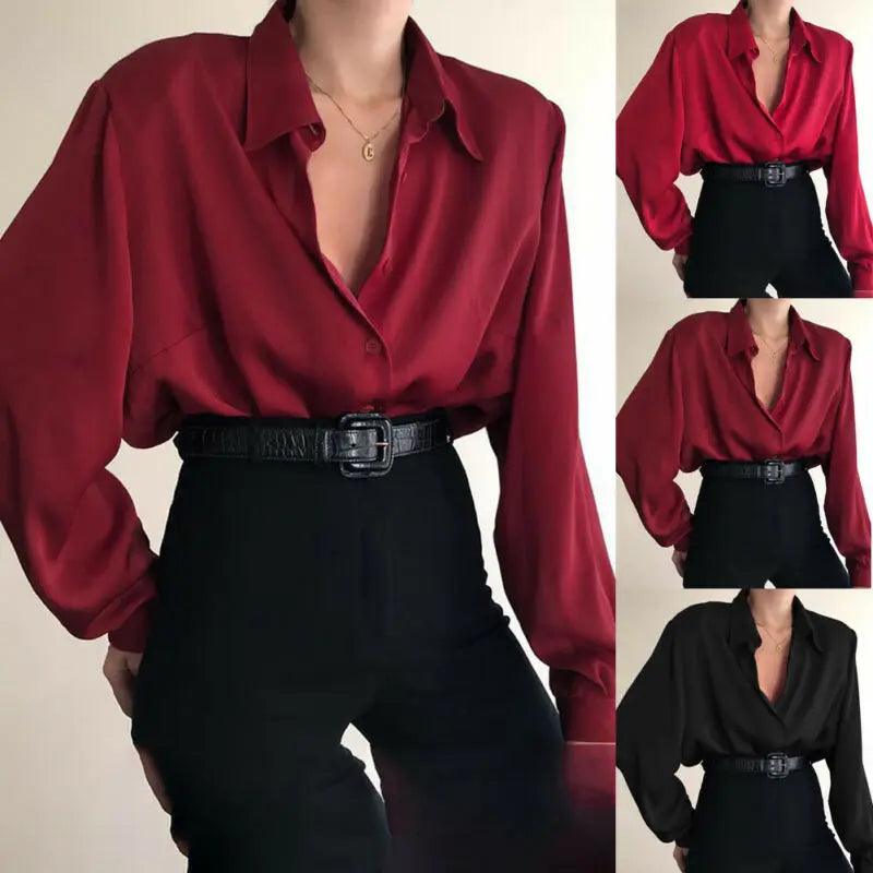 Elegant Button-Down Office Blouse for Women - Red/Wine Red/Black  ourlum.com   