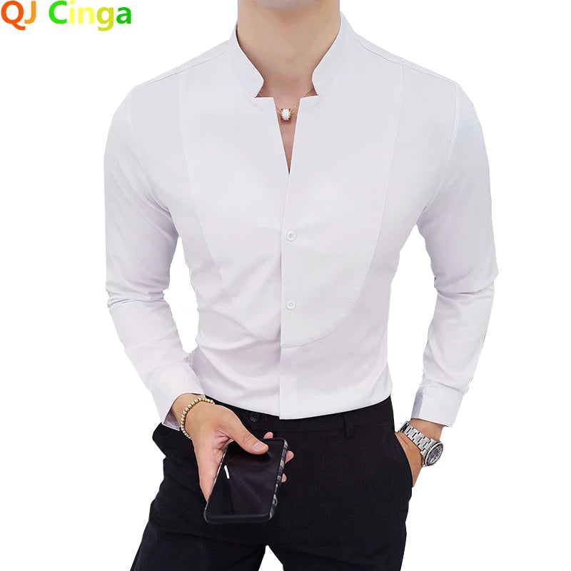 Black Male Stretch Long Sleeve Shirts/Men's High Quality Stand Collar Pure Slim Fit Business Shirt Red White Camisa Man Chemise