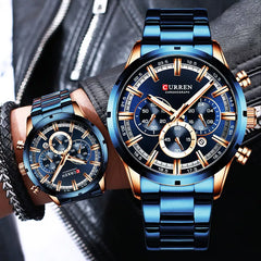 Curren Men's Blue Dial Chronograph Steel Watch: Stylish Waterproof Timepiece.