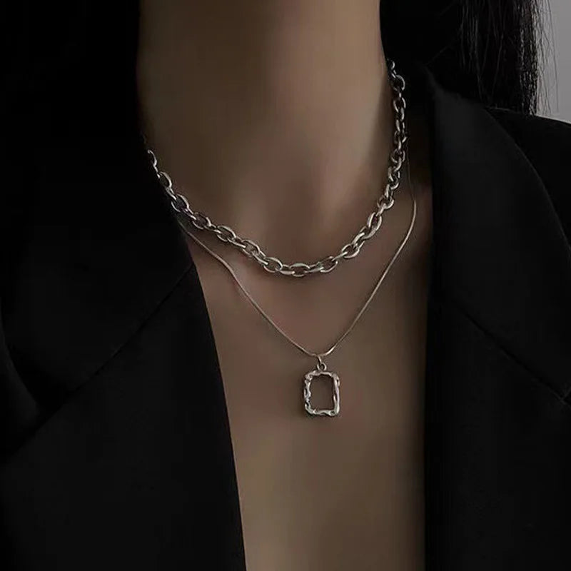 2021 Fashion Unisex Multilayer Hip Hop Long Chain Necklace For Women Jewelry Gifts Square Pendant Necklace Accessories