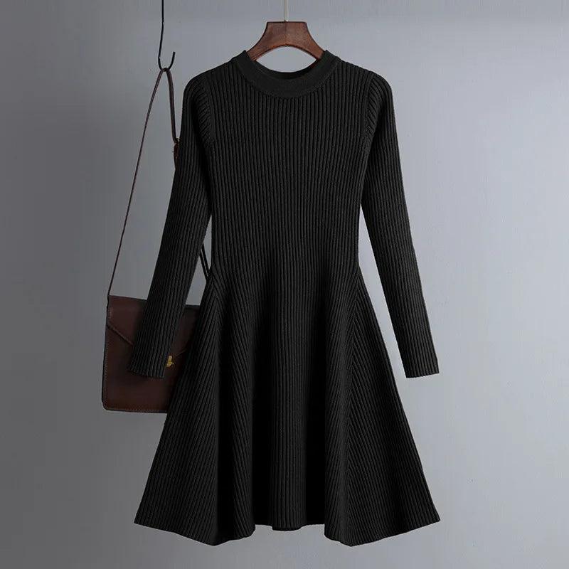 Chic Knit Sweater Dress: Elegant A-Line Style for Women  ourlum.com black One Size 
