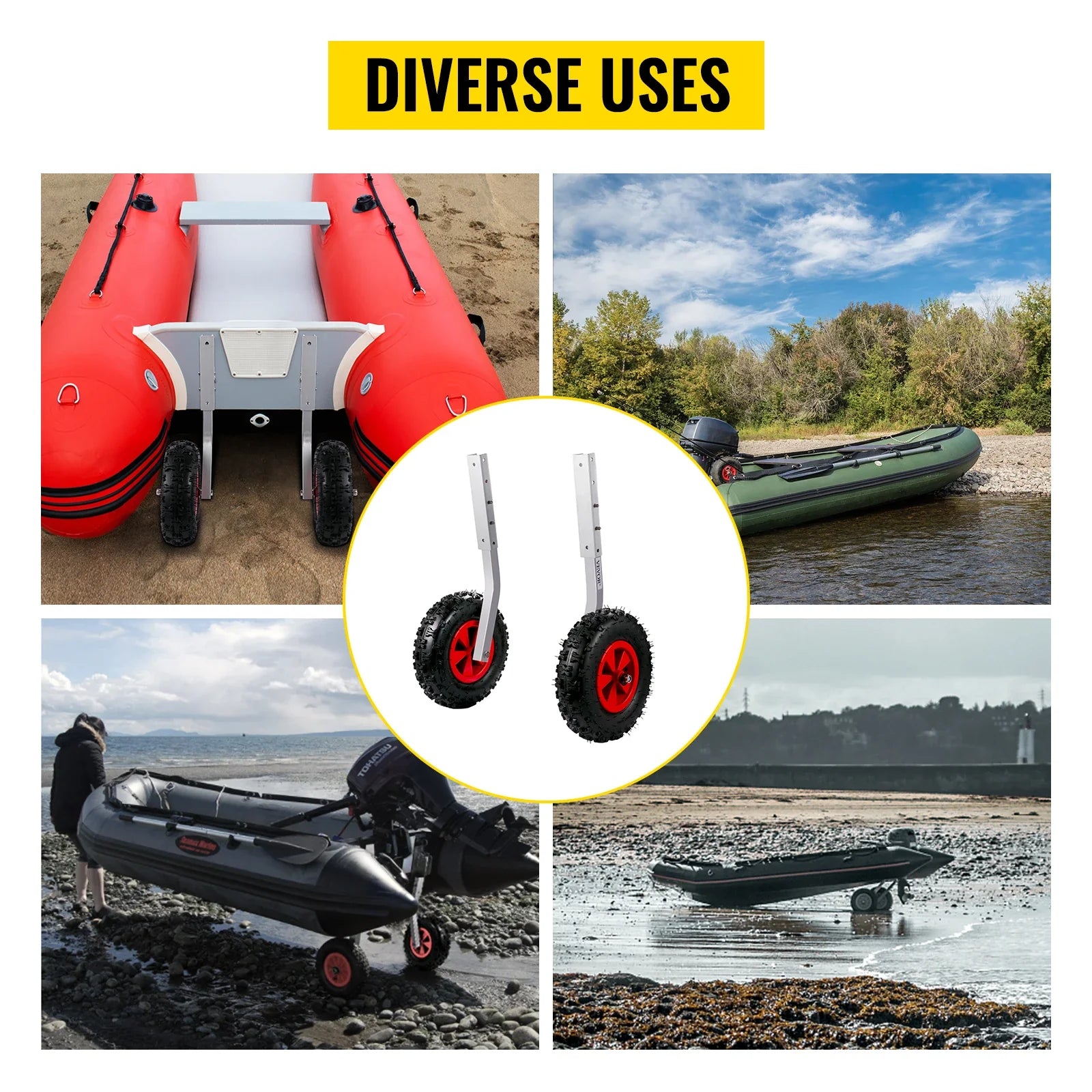 VEVOR 2Pcs Inflatable Boat Launching Wheel 227 KG Weight Load Capacity Aluminum Frame 31CM Diameter Rubber Tire Ship Moving Tool