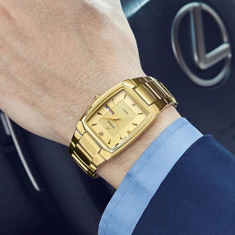 Square Luxury Men's Watch with Automatic Date Display Stainless Steel Gold Quartz Wristwatch  ourlum.com   