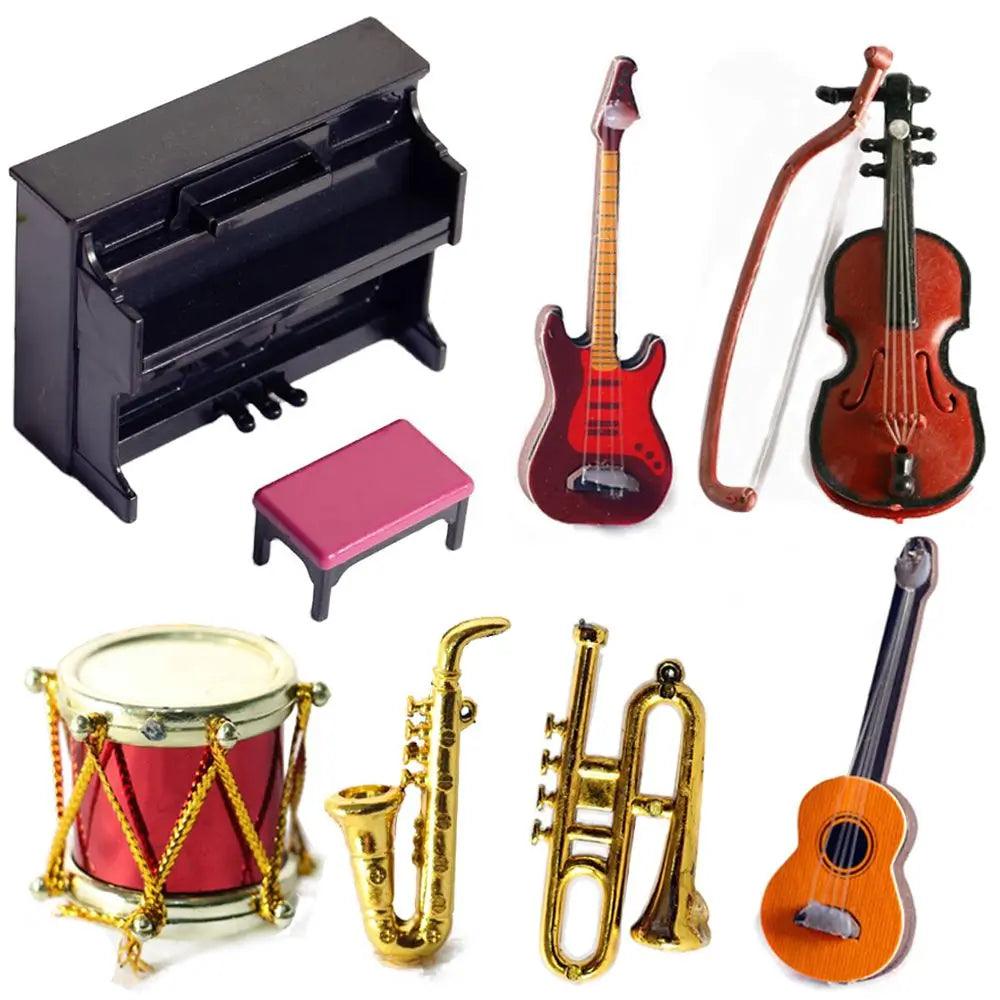 1/12 Scale Mini Musical Instruments Set for Dollhouses – Piano, Violin, Guitar, Drum & More