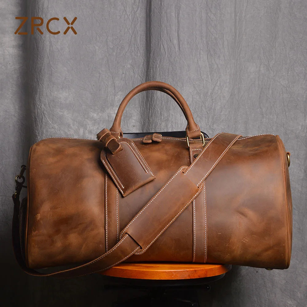 ZRCX Vintage Men's Hand Luggage Bag Travel Bag Geunine Leather  Large Capacity Single Shoulder Messenger For 15 Inch Laptop