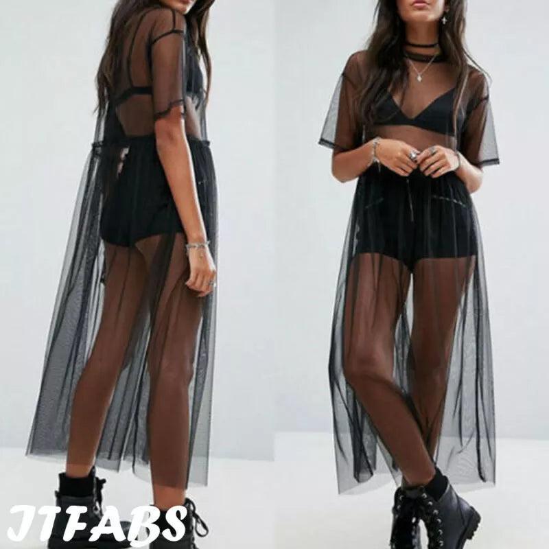 Seductive Black Mesh Maxi Dress with Lace Detail - Elegant Evening Wear  ourlum.com   