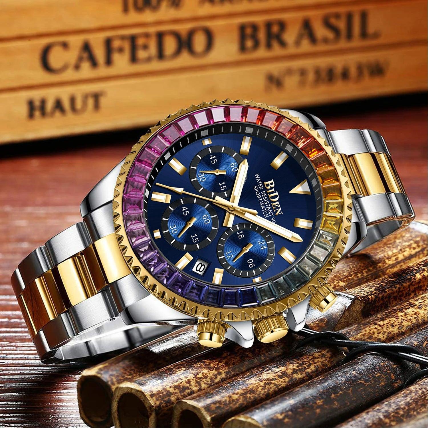 Luxury Rainbow Diamond Bezel Men's Gold Watch with Quartz Movement - Elegant Timepiece for Modern Gentlemen  OurLum.com   