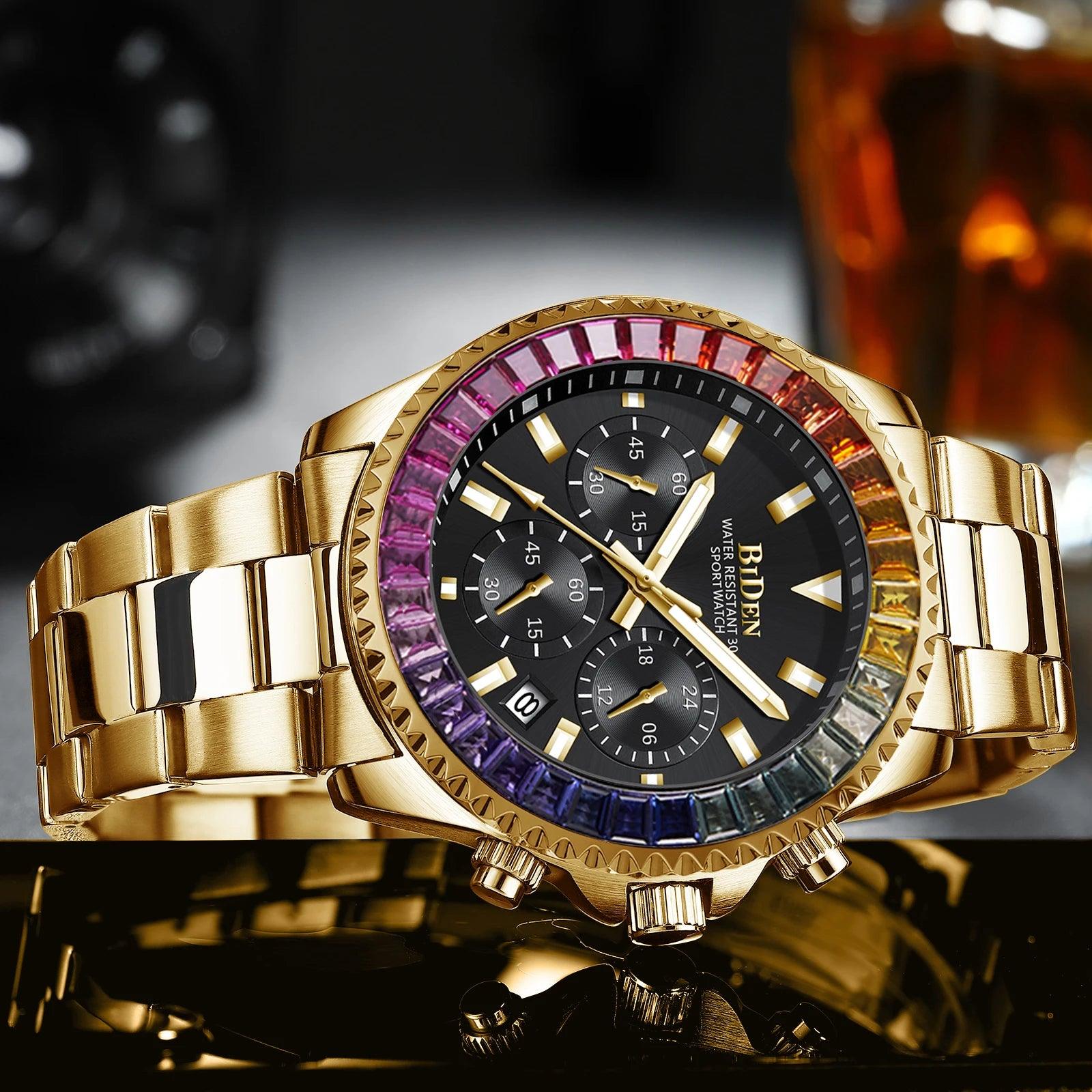 Luxury Rainbow Diamond Bezel Men's Gold Watch with Quartz Movement - Elegant Timepiece for Modern Gentlemen  OurLum.com   