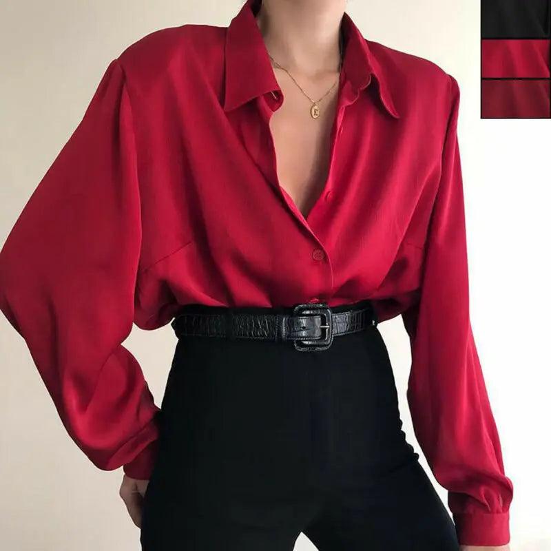 Elegant Button-Down Office Blouse for Women - Red/Wine Red/Black  ourlum.com   