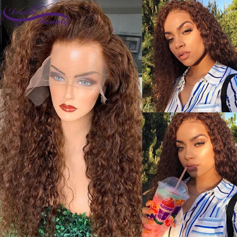 Brown Curly Lace Front Human Hair Wigs - Luxurious Brazilian Remy Hair  ourlum.com CHINA 26inches 180density 4x4 wig