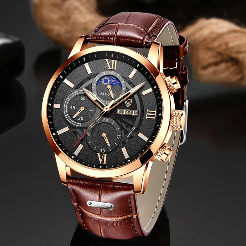 LIGE Chronograph Watch: Luxury Leather Quartz Timepiece  ourlum.com   