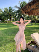 Pink Chiffon Summer Dress Chic Irregular Sling Style