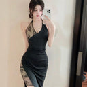 Deep V-neck Lace Halter Dress Glamorous Elegant Statement