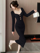 French Square Collar Knit Dress Chic Autumn Winter Style