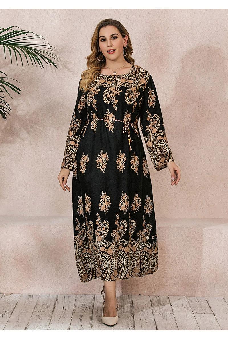 Floral Print Plus Size Party Dress: Elegant Street Style Long Sleeve Cotton Dress