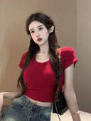 Red Slimming Tee: Stylish Midriff-Baring Women's Top