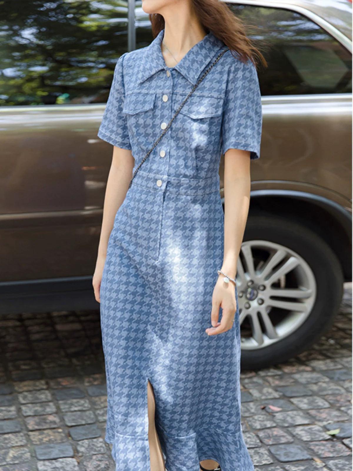 Retro Houndstooth Denim Dress: Timeless Korean Style Sophistication