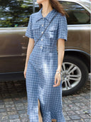 Retro Houndstooth Denim Dress Timeless Korean Style Chic