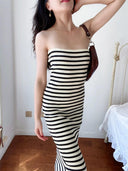 Striped Elegance Monochrome Sheath Dress Tube Top Style