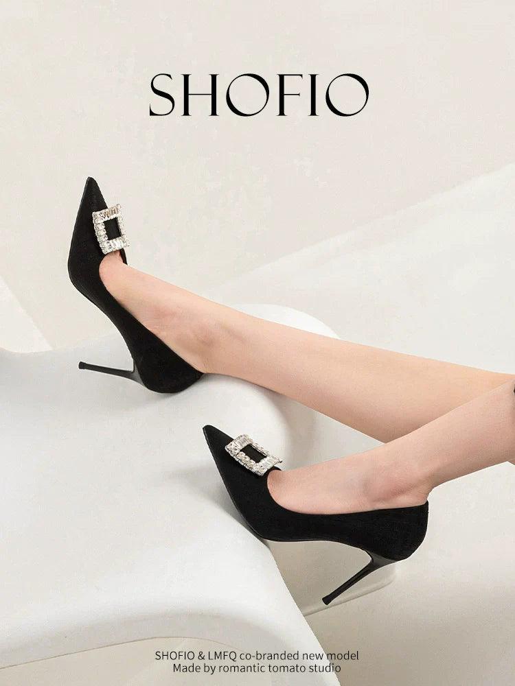 Genuine Leather Rhinestone High Heels: Stylish Black Shoes for Women