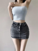 Vintage Blue High Waist Denim Skirt Sexy Chic Short Dress