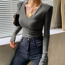 European Chic V-neck Long-Sleeve T-shirt Sophisticated Comfort