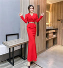 Red V-neck Evening Gown Elegant Two-Piece Dress Ideal for Events