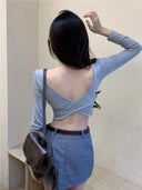 Chic Backless Crop Top Stylish Square Collar Shirt Women