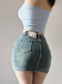 Vintage Blue High Waist Denim Skirt Sexy Chic Short Dress