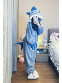 Cute Little Shark Hooded Coral Velvet Pajamas Plus Size