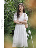 French Elegance V-neck Midi Dress Chic Summer Fashion Statement