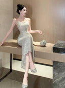 Elegant Silver Fishtail Evening Gown Glamorous Sequin Dress