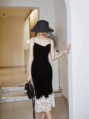 Lace Stitching Black Dress Retro-Chic Velvet Fashion Statement