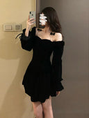 Socialite Party Black Velvet Tuxedo Dress Elegant High Waist