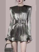 Luxurious Silver Pleated Dress for Sophisticated Fall Elegance