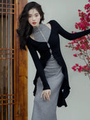 Early Autumn Knitted Dress & Black Cardigan Set Retro Chic